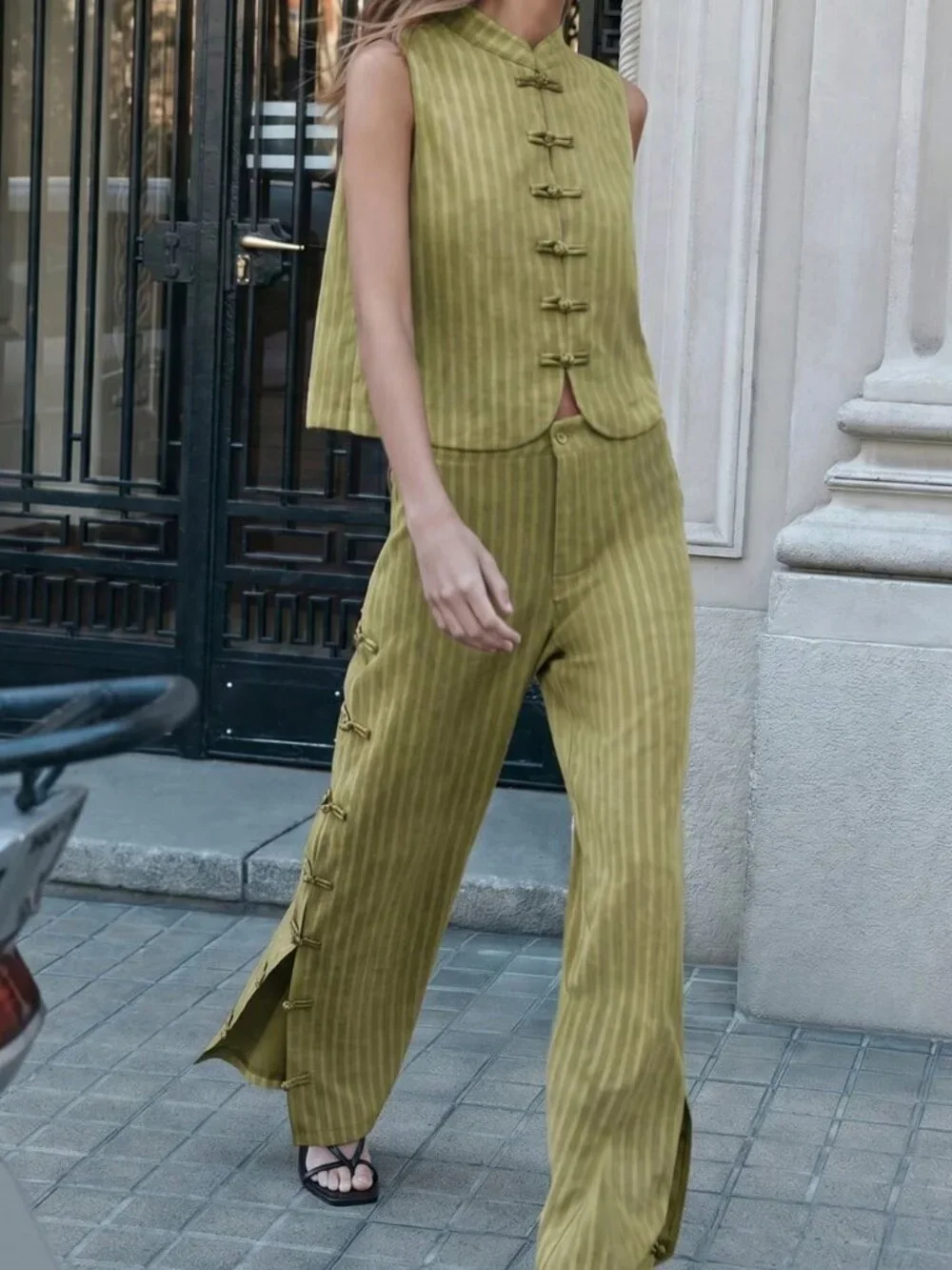 Green Casual Women's Sleeveless Vest And Wide-Leg Pants Set